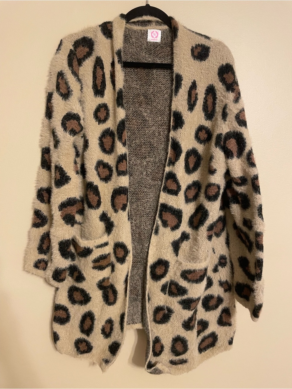 Wanna B eyelash animal print long line open front cardigan in size large